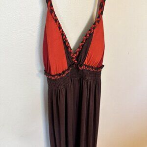 Womens Maxi Dress Charlotte Rousse Brown Orange Strappy Open Back Long Empire M